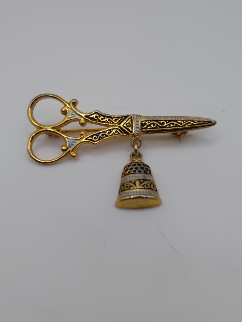 Spain Damascene Scissors and Thimball Brooch Vintage